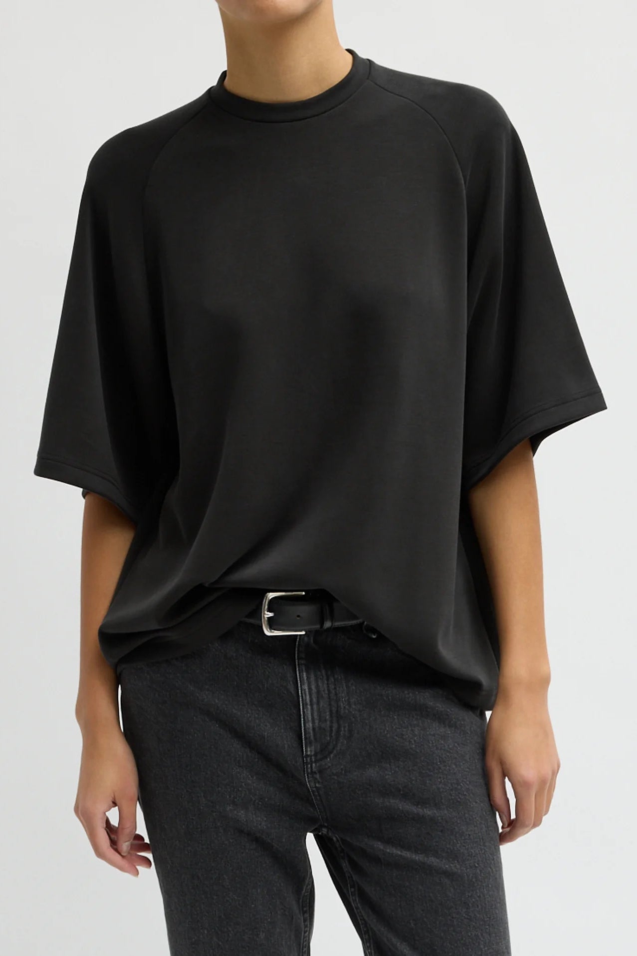 Feather Weight Viscose Neoprene Short Sleeve Baseball T-Shirt in Black by Tibi
