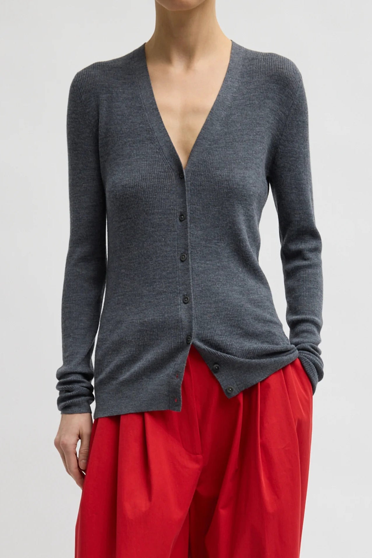 Feather Weight Ribbed V-Neck Slim Cardigan in Charcoal Grey by Tibi
