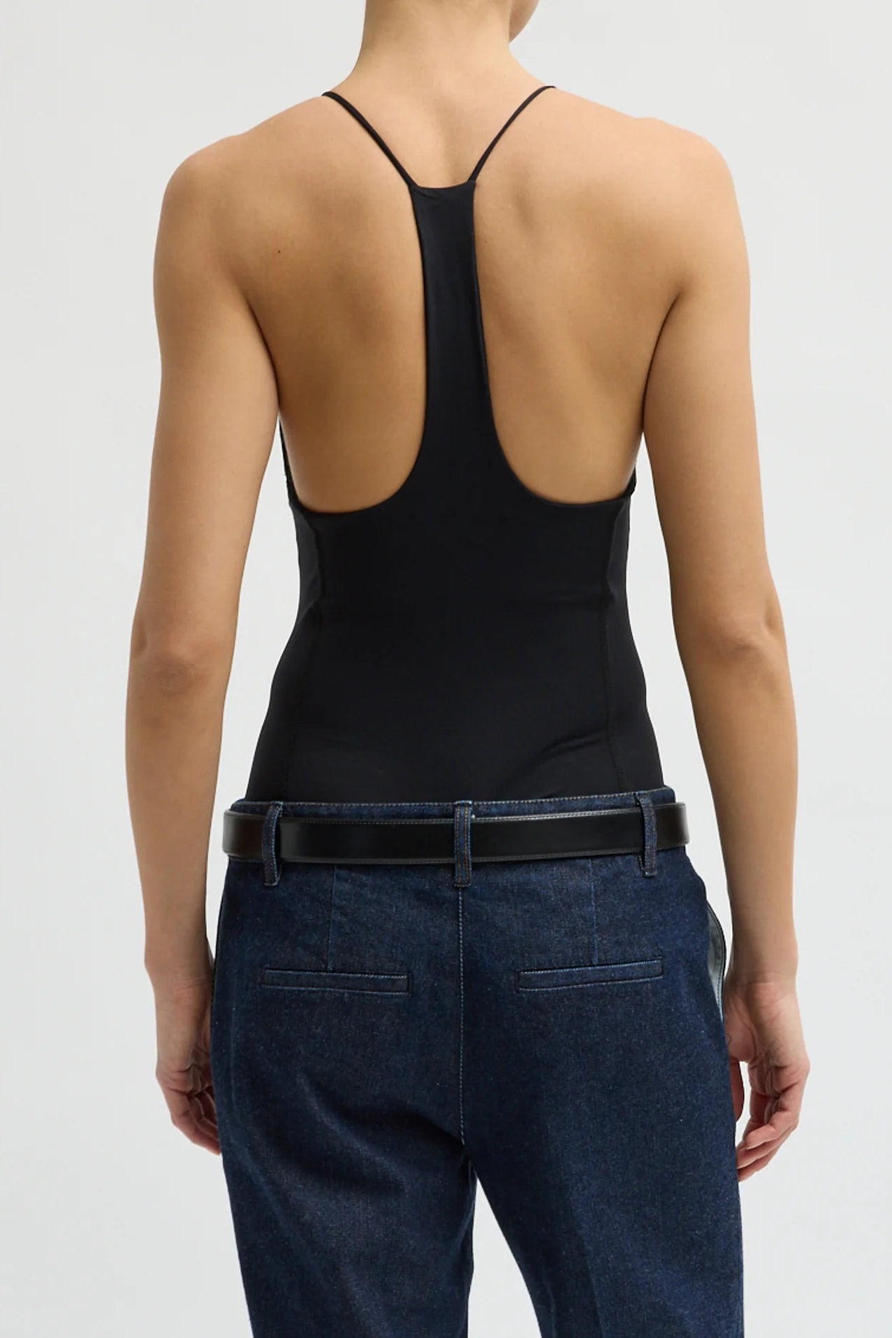 Stretch Light Weight Tech Knit Racerback Bodysuit in Black by Tibi