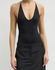 Stretch Light Weight Tech Knit Racerback Bodysuit in Black by Tibi