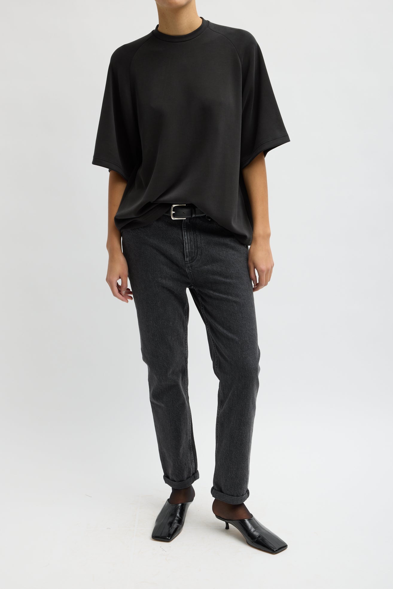 Feather Weight Viscose Neoprene Short Sleeve Baseball T-Shirt in Black by Tibi-Tibi-Idlewild-Cincinnati