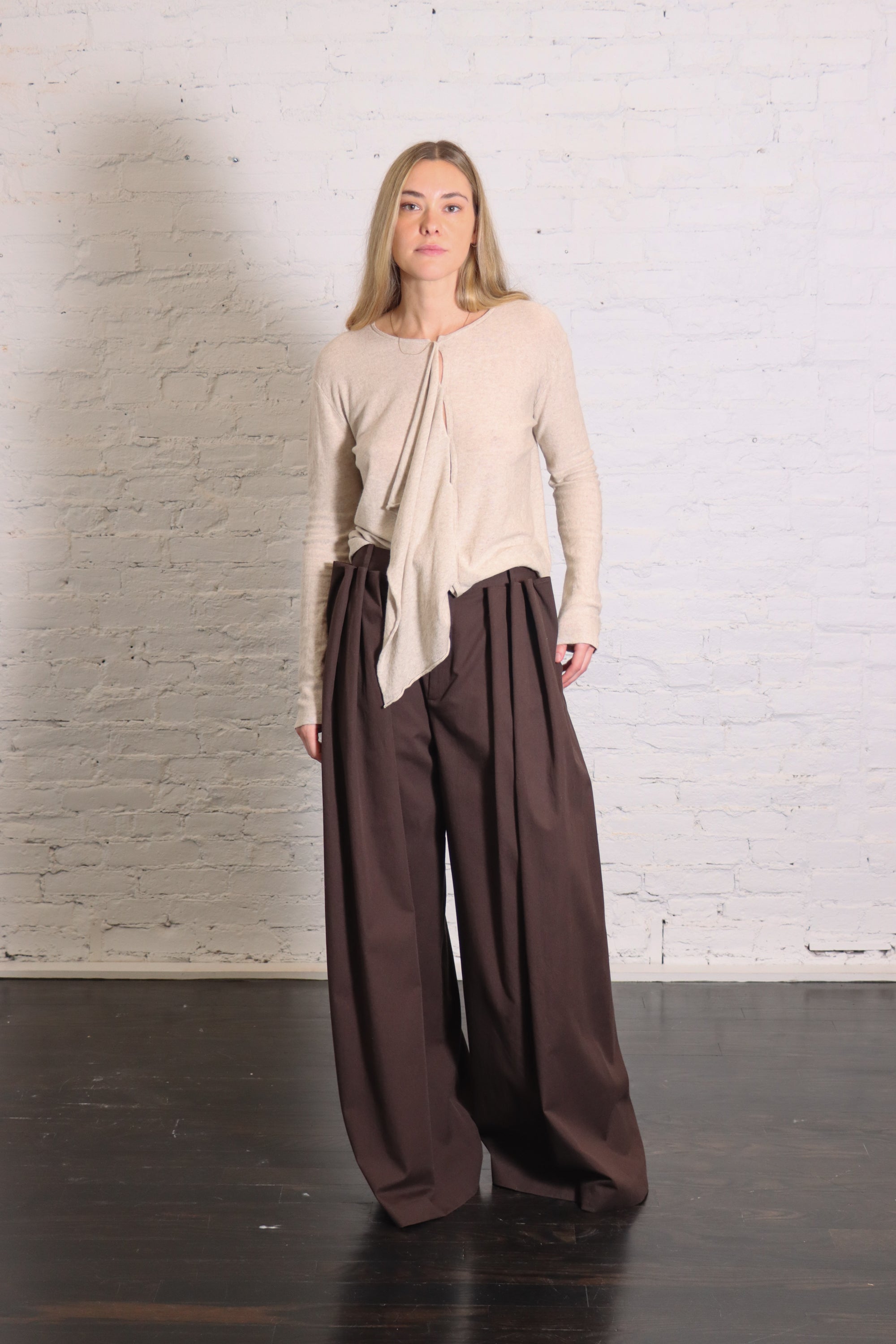 Luxe Spring Twill Tucked Pleated Wide Leg Trouser in Hickory Brown by TIbi