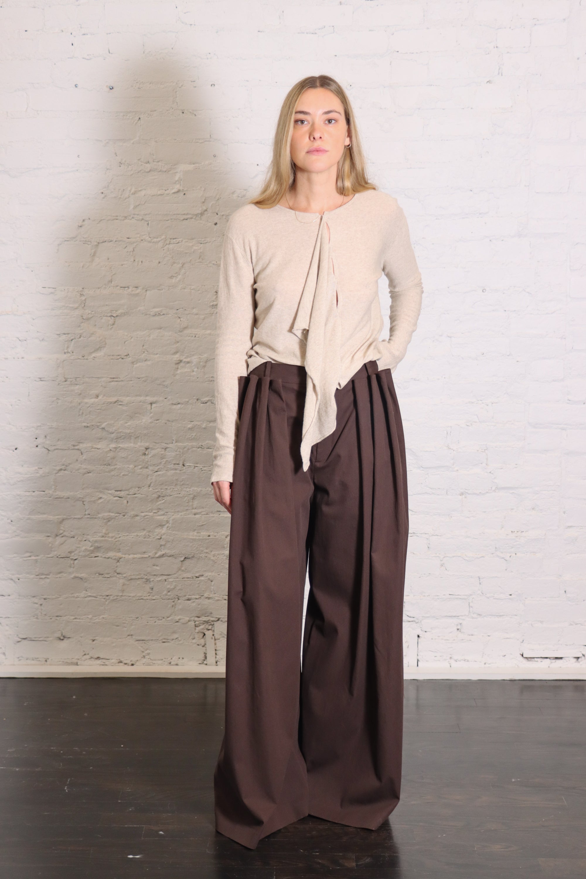 Luxe Spring Twill Tucked Pleated Wide Leg Trouser in Hickory Brown by TIbi