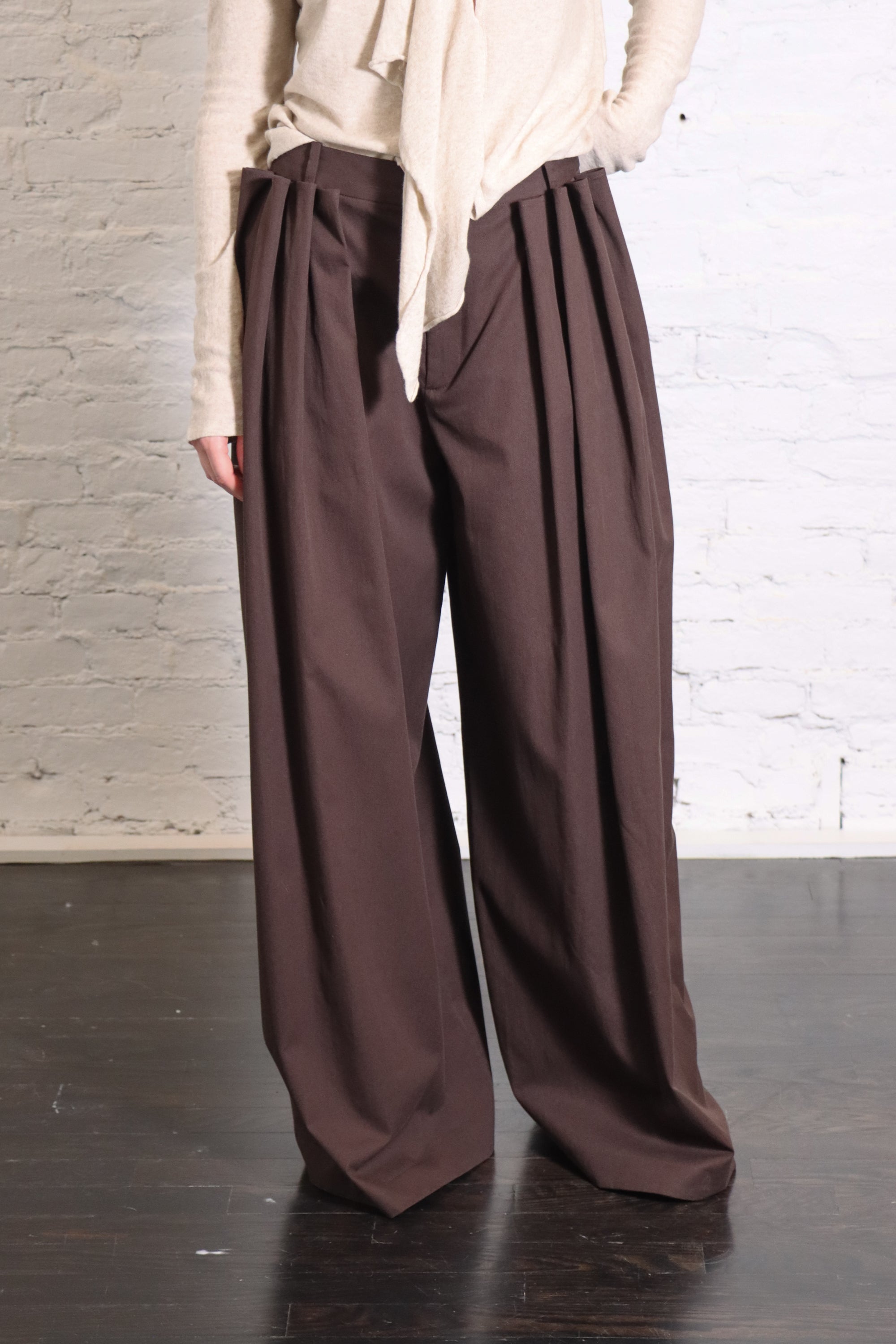 Luxe Spring Twill Tucked Pleated Wide Leg Trouser in Hickory Brown by TIbi