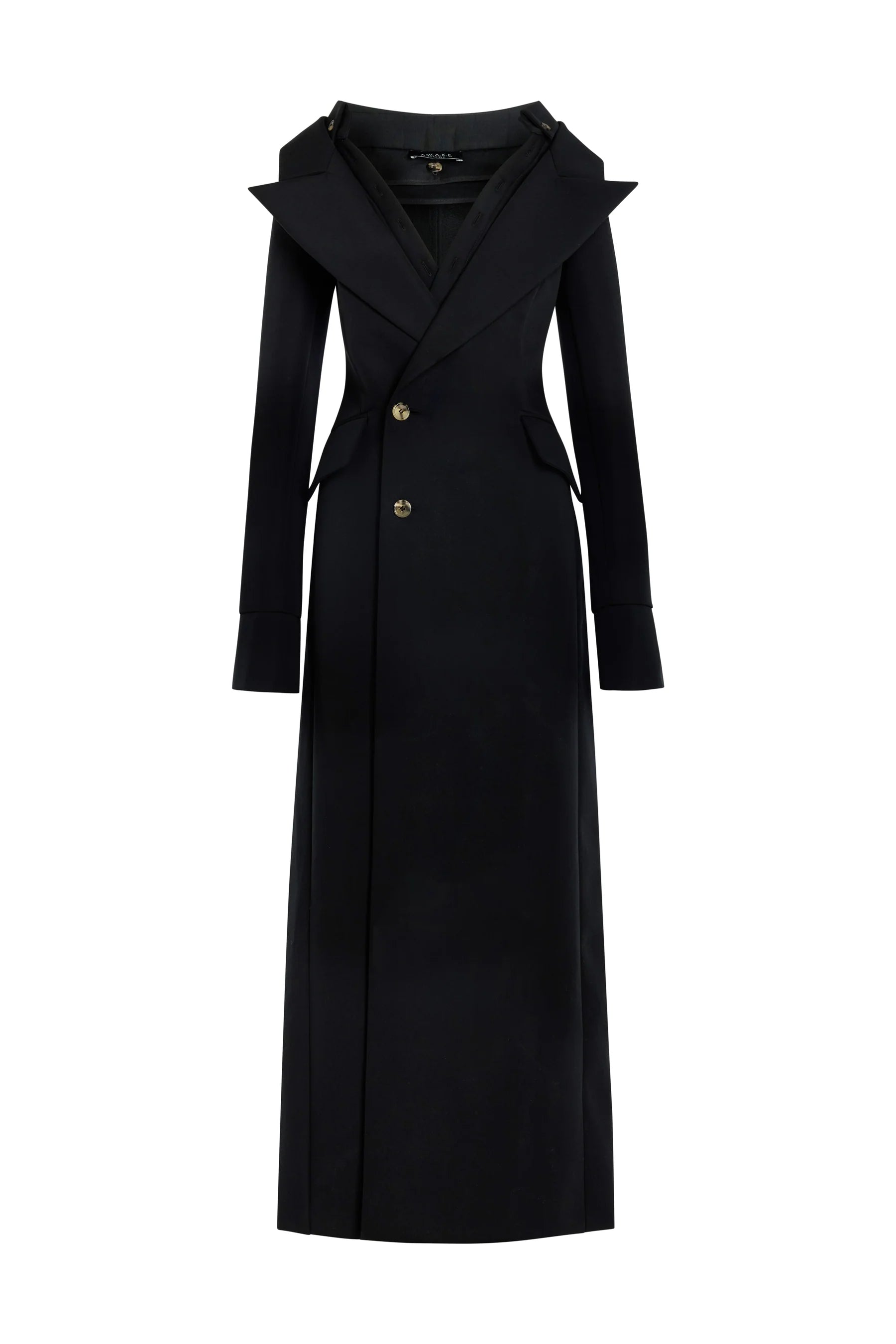 Double-Breasted Fitted Off-Shoulder Jacket Dress in Black by A.W.A.K.E. Mode