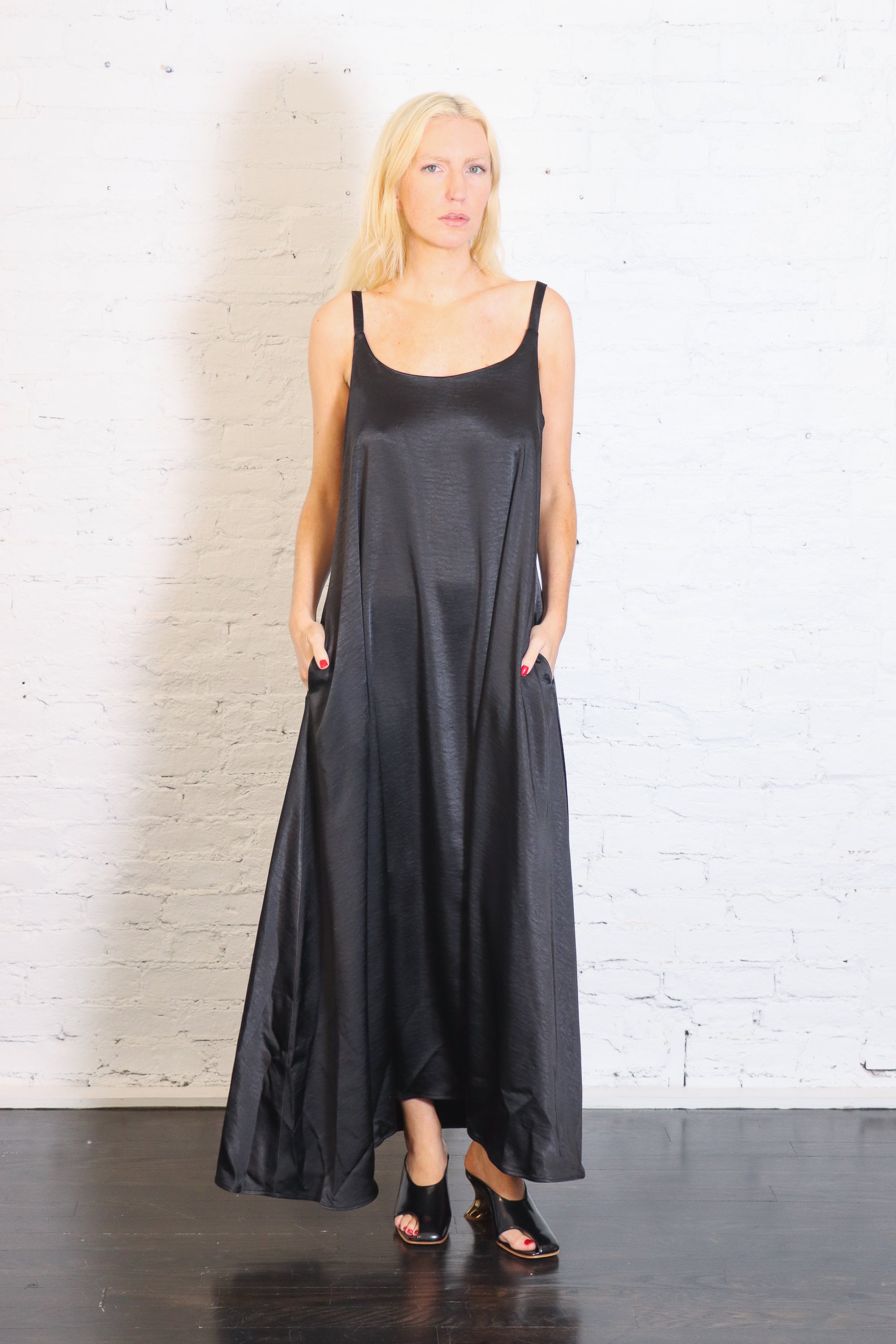 Sateen Slip Dress in Black by Planet
