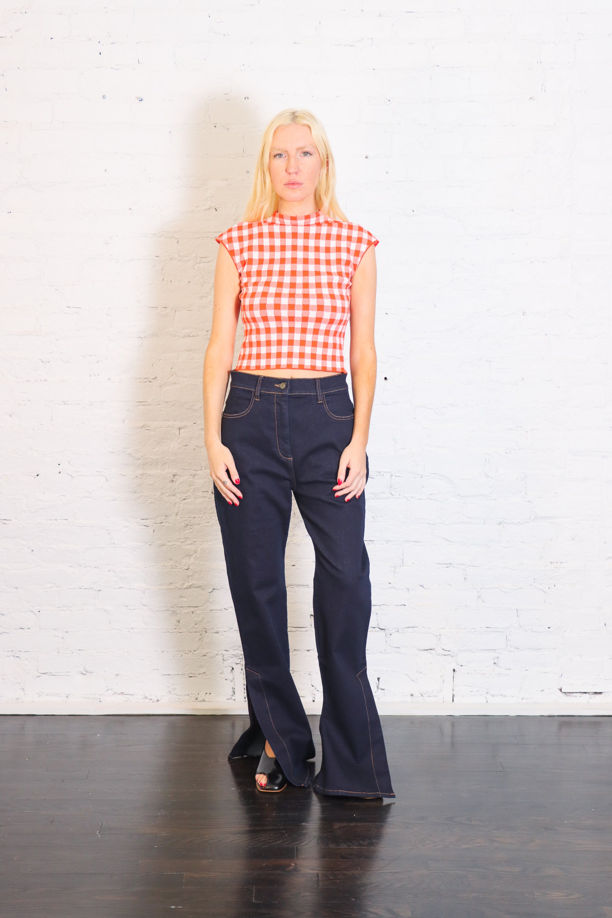 Fitted Stretch Flared Jeans with Side Slits in Indigo Rinse by A.W.A.K.E. Mode