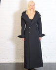 Double-Breasted Fitted Off-Shoulder Jacket Dress in Black by A.W.A.K.E. Mode