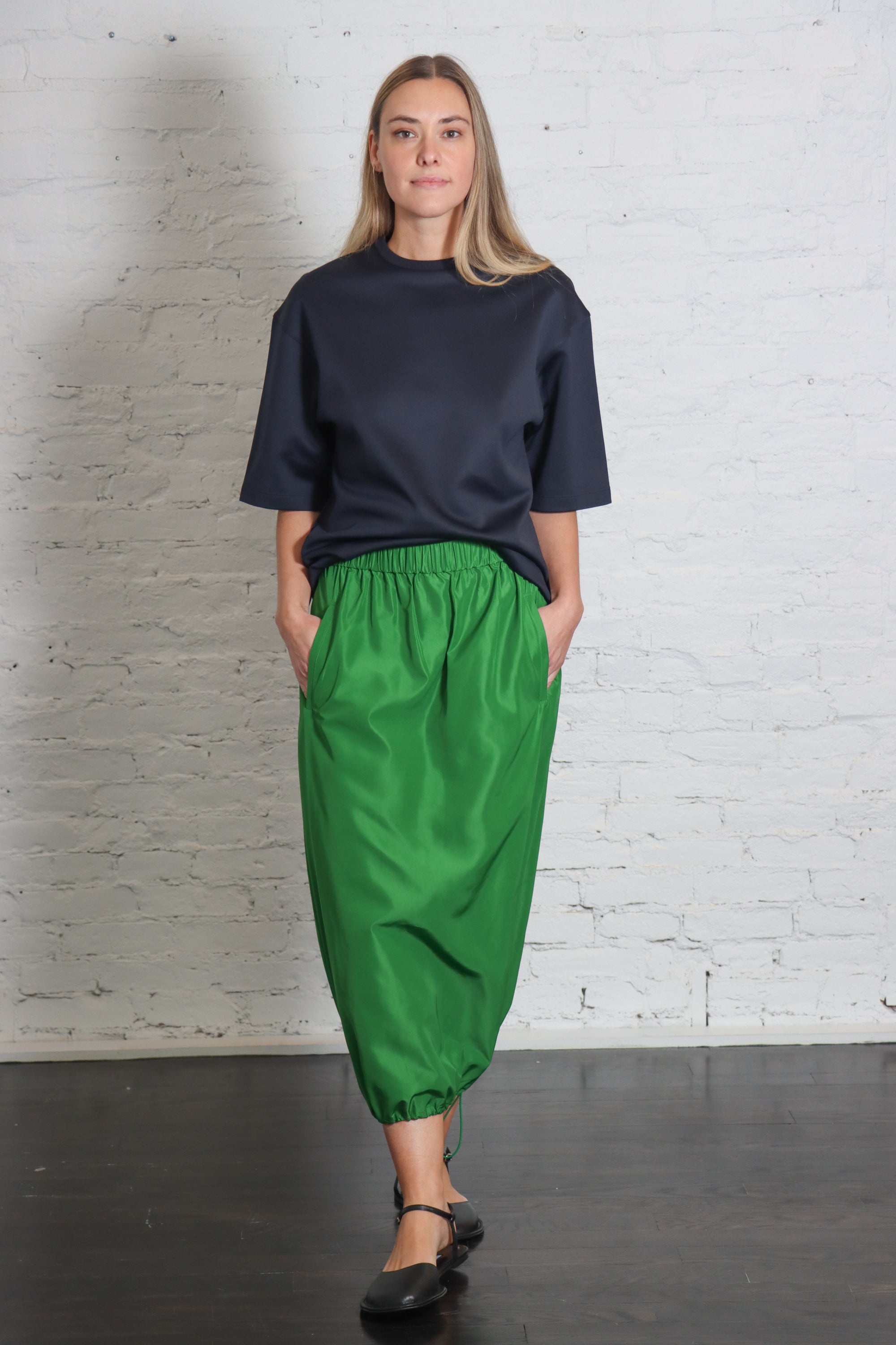 Italian Sporty Nylon Midi Anorak Skirt in Green by Tibi-Bottoms-Tibi-Idlewild