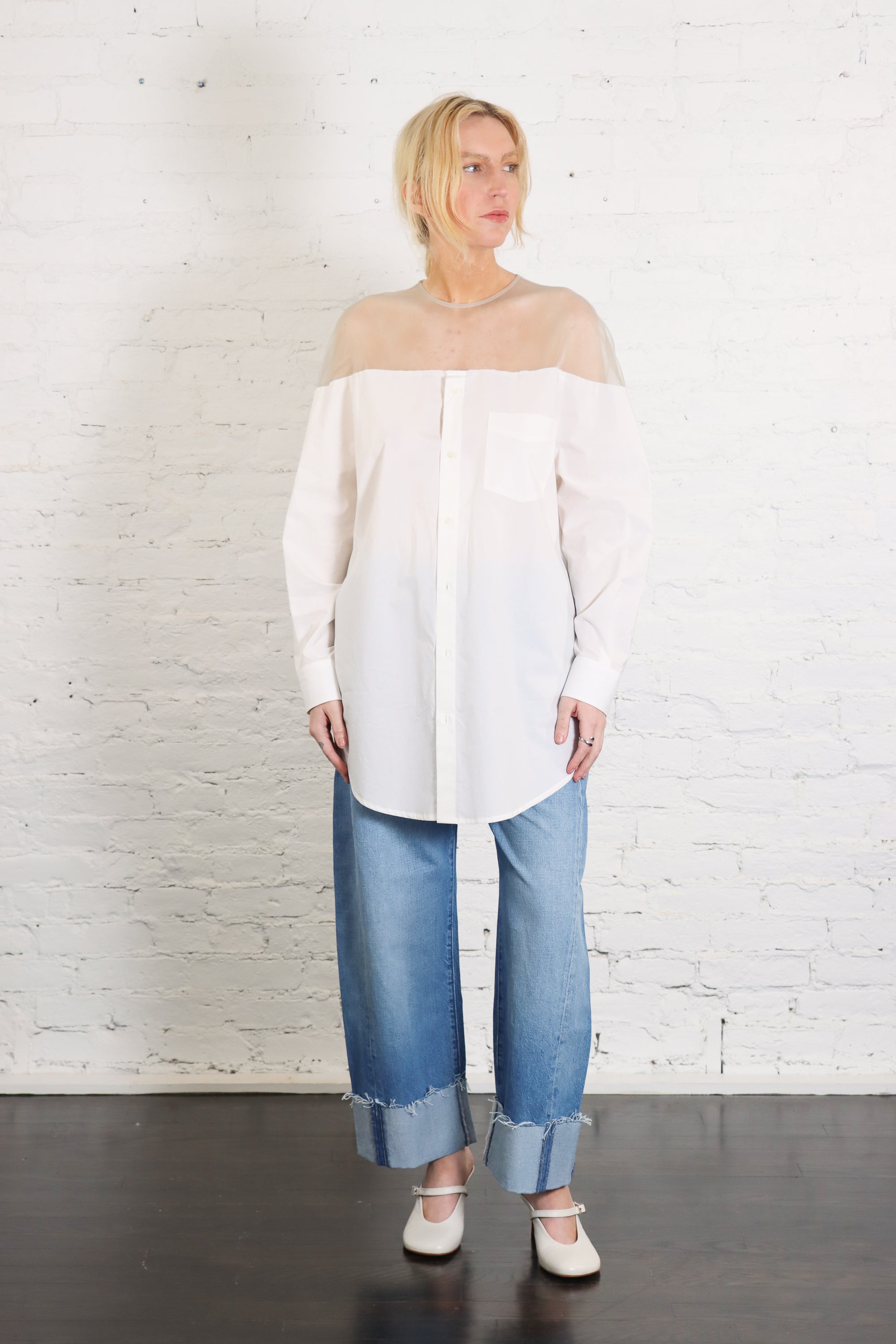 Long Sleeve Poplin &amp; Mesh Shirt in Off-White by MM6 Maison Margiela-MM6-Idlewild-Cincinnati