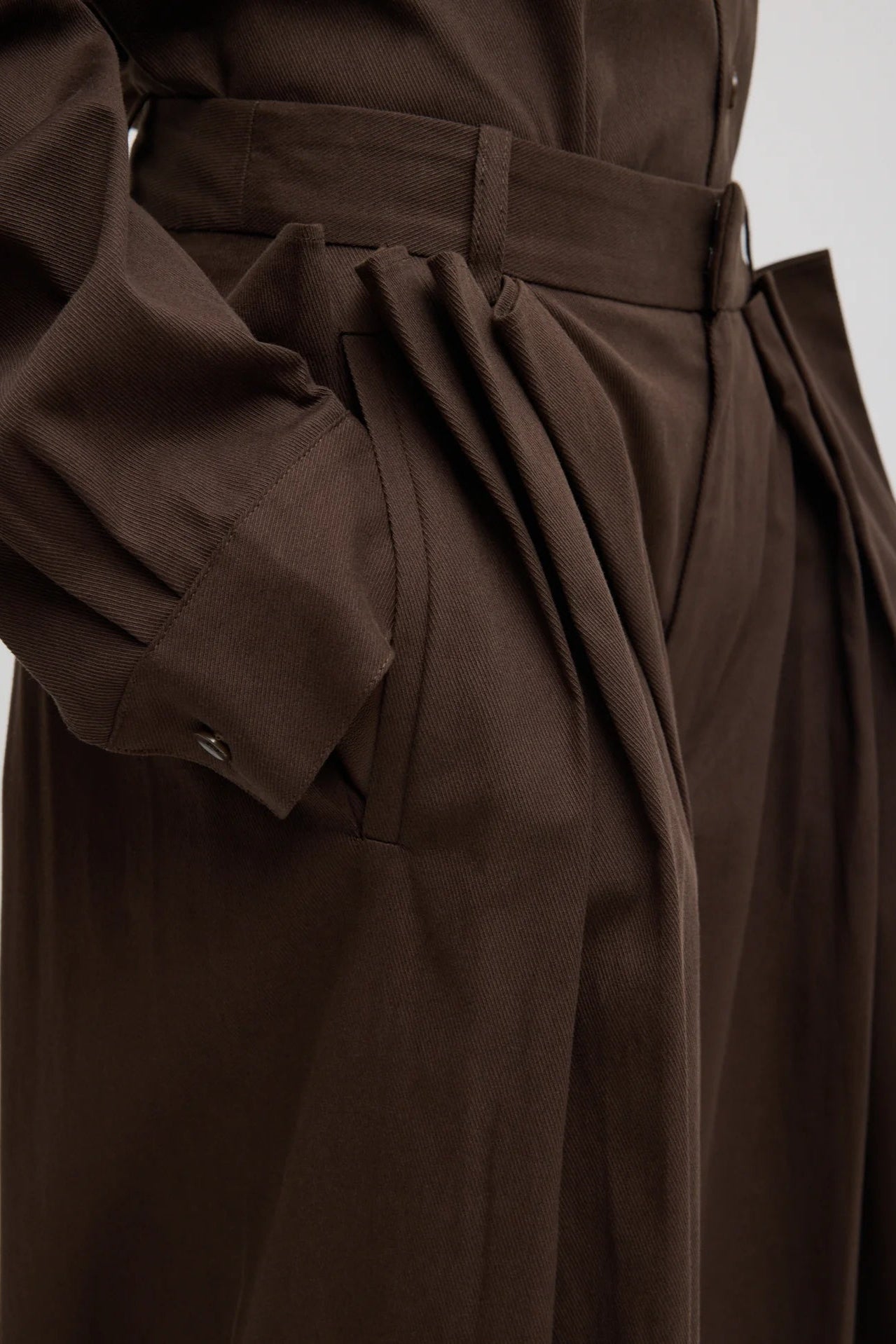 Luxe Spring Twill Tucked Pleated Wide Leg Trouser in Hickory Brown by TIbi-Tibi-Idlewild