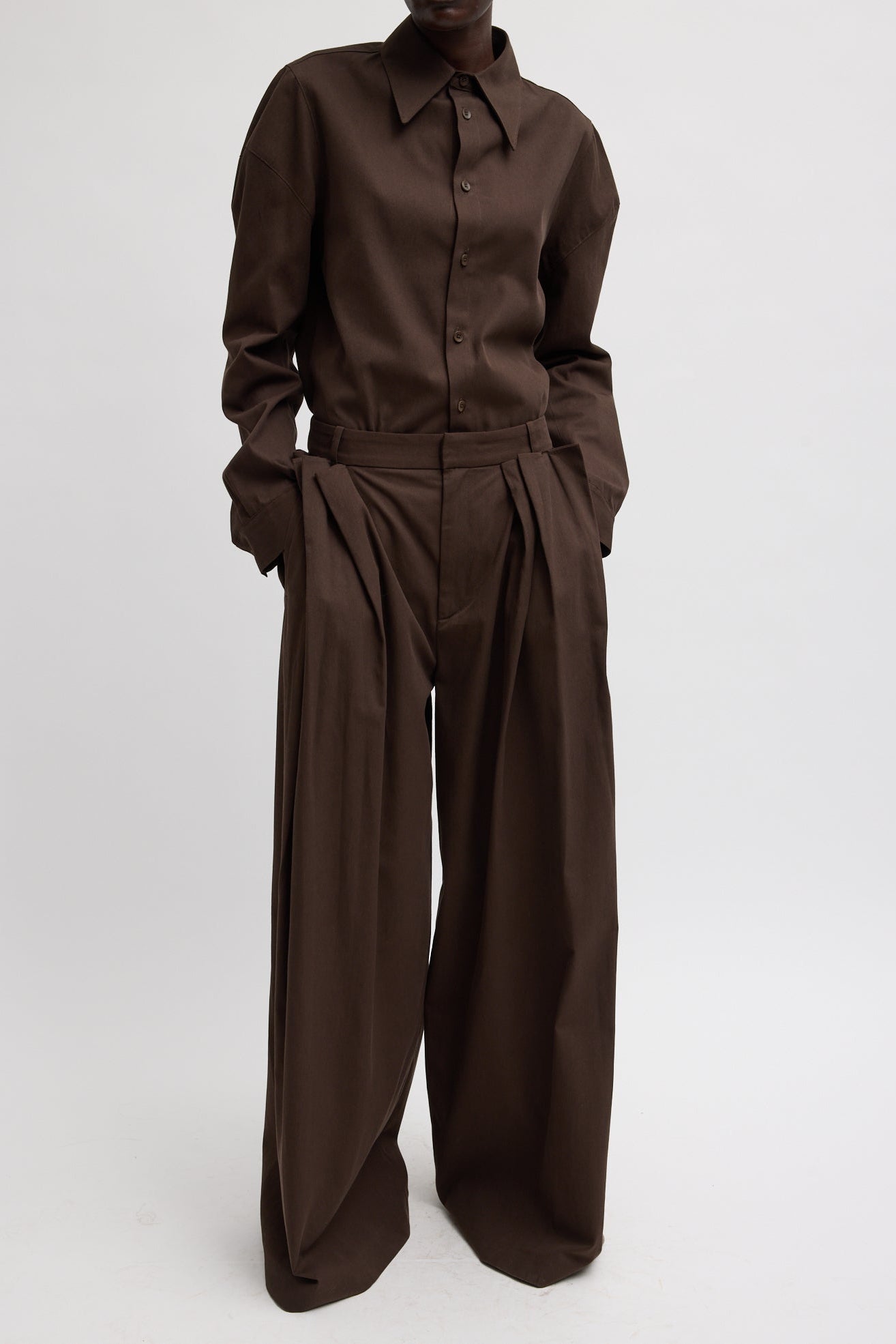 Luxe Spring Twill Tucked Pleated Wide Leg Trouser in Hickory Brown by TIbi-Tibi-Idlewild-Cincinnati