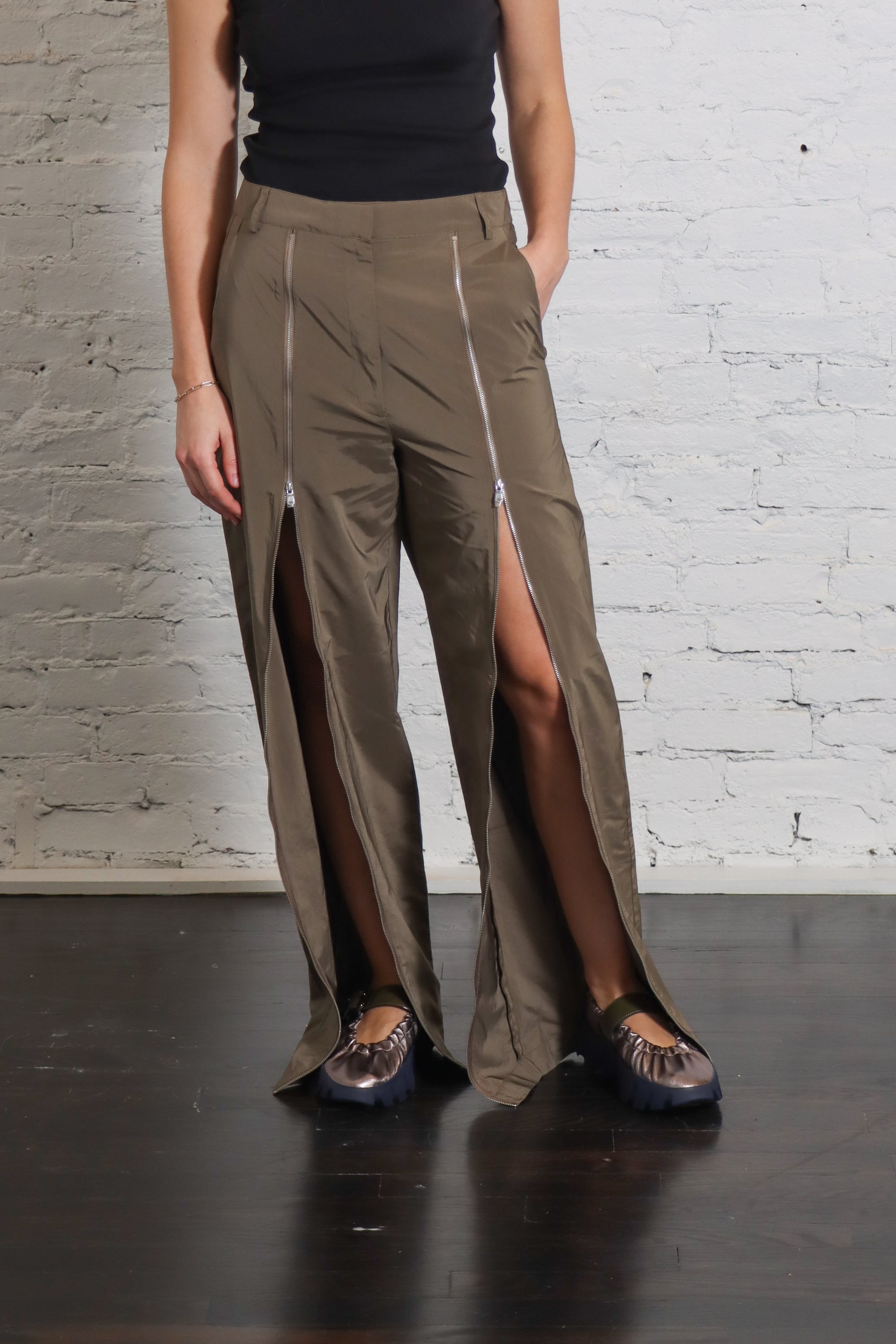 Nylon Zipper Trouser in Dark Taupe by Tibi-Bottoms-Tibi-Idlewild