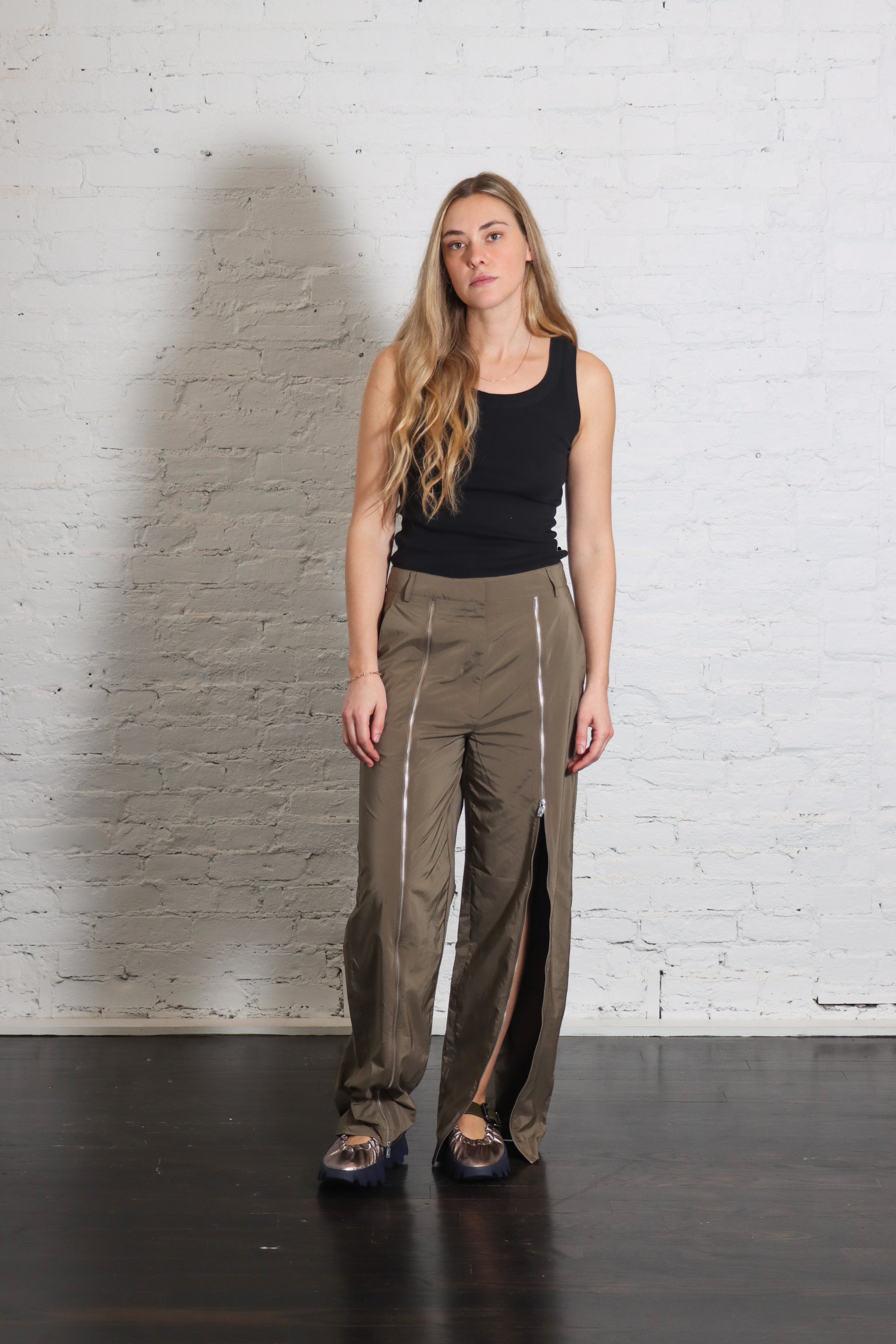 Nylon Zipper Trouser in Dark Taupe by Tibi-Bottoms-Tibi-Idlewild