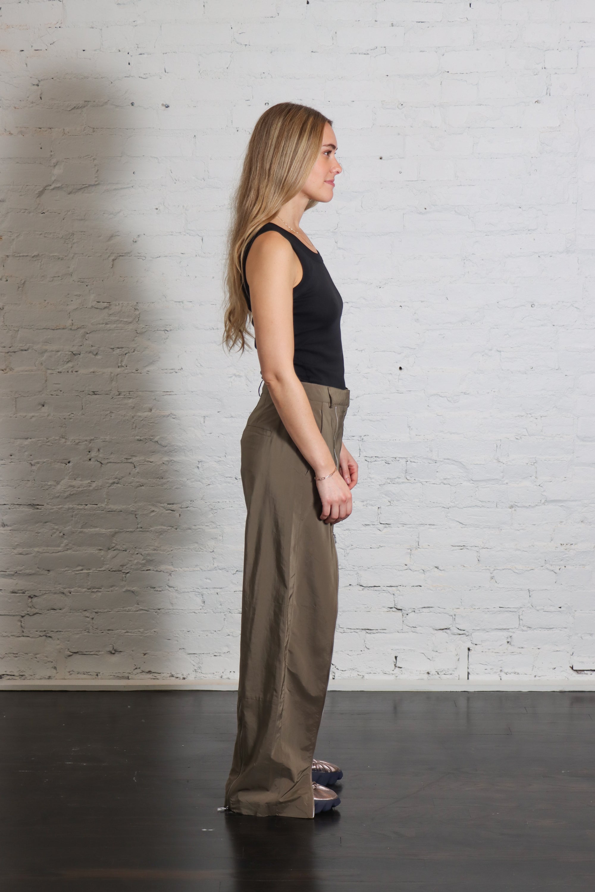 Nylon Zipper Trouser in Dark Taupe by Tibi-Bottoms-Tibi-Idlewild