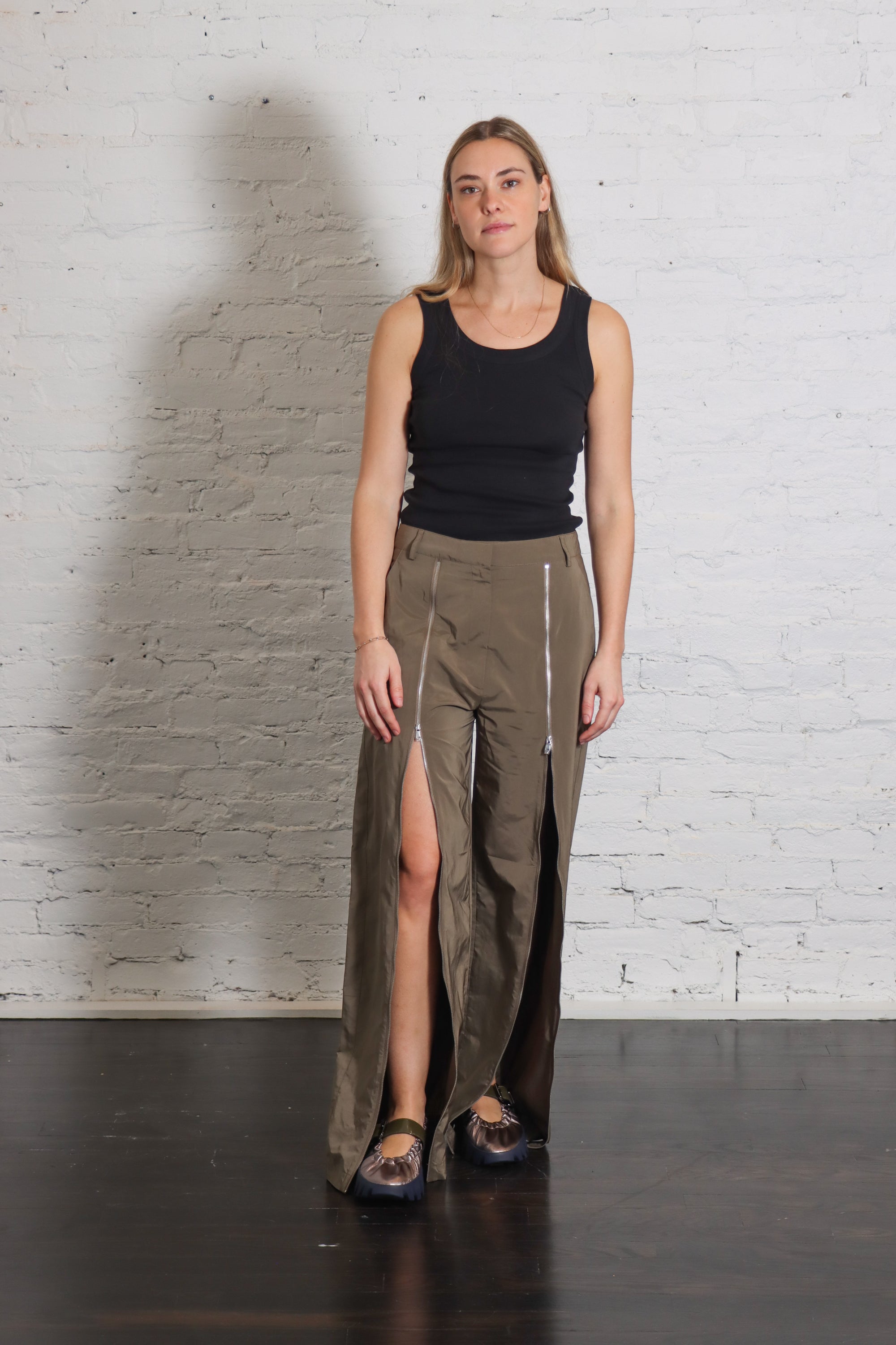 Nylon Zipper Trouser in Dark Taupe by Tibi-Bottoms-Tibi-Idlewild