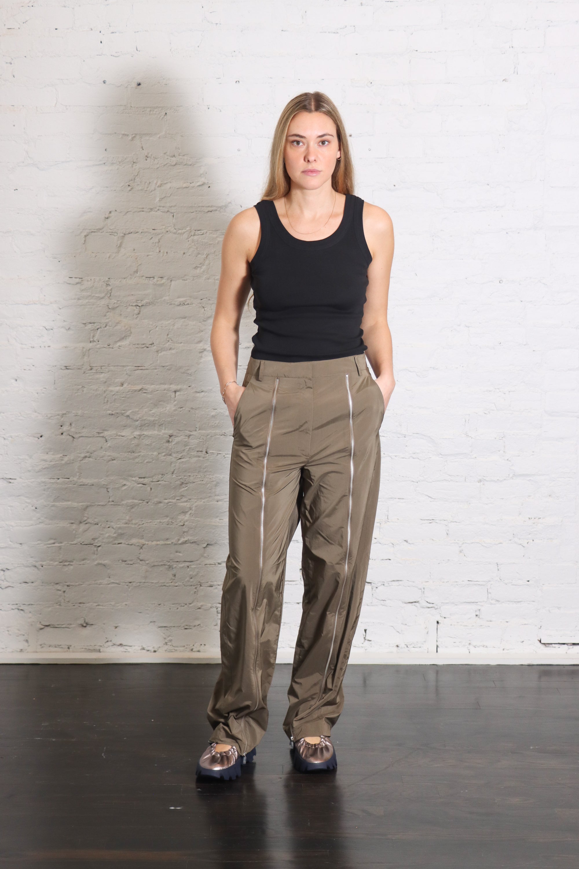 Nylon Zipper Trouser in Dark Taupe by Tibi-Bottoms-Tibi-Idlewild