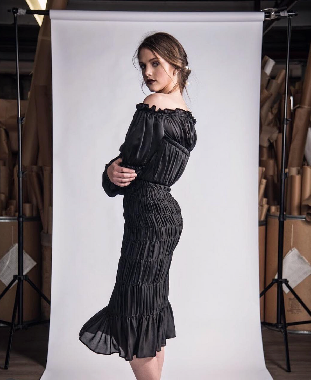 Silk Shirred Dress in Black by Calle Evans - Idlewild