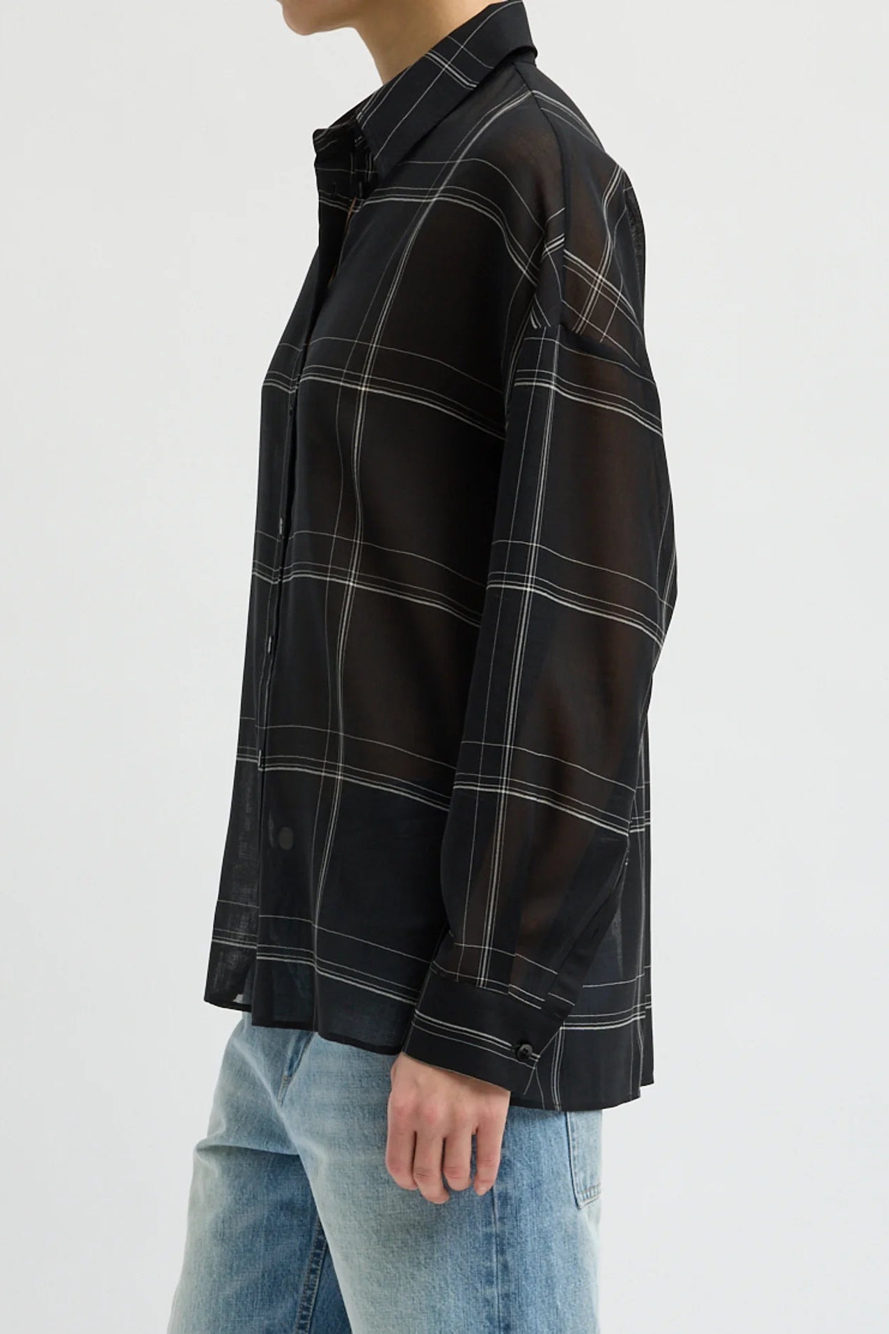 Sheer Wool Gauze Check Oversized Shirt in Black Multi by Tibi-Tibi-Idlewild-Cincinnati