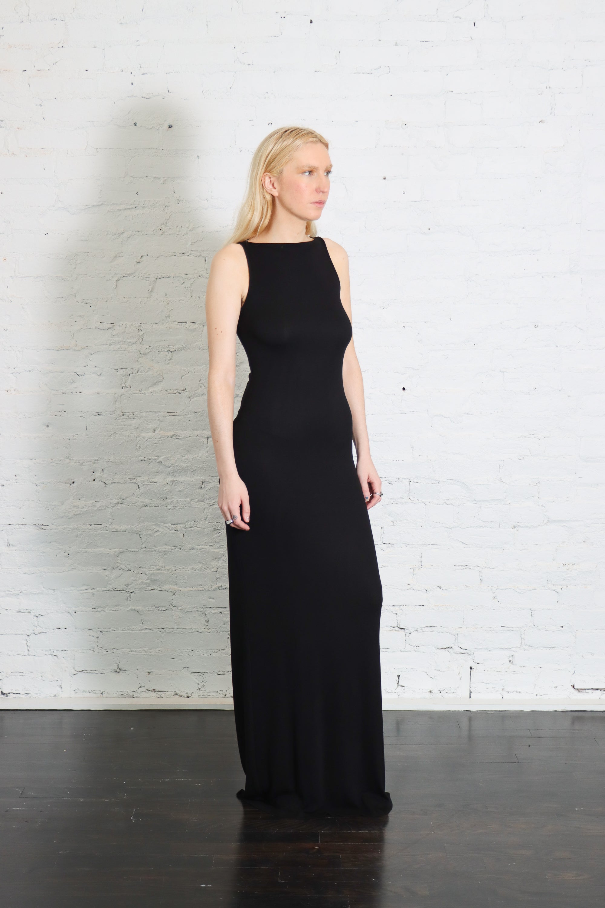 Silk Rib Sleeveless Boatneck Fluid Maxi Dress in Black By Enza Costa – Idlewild