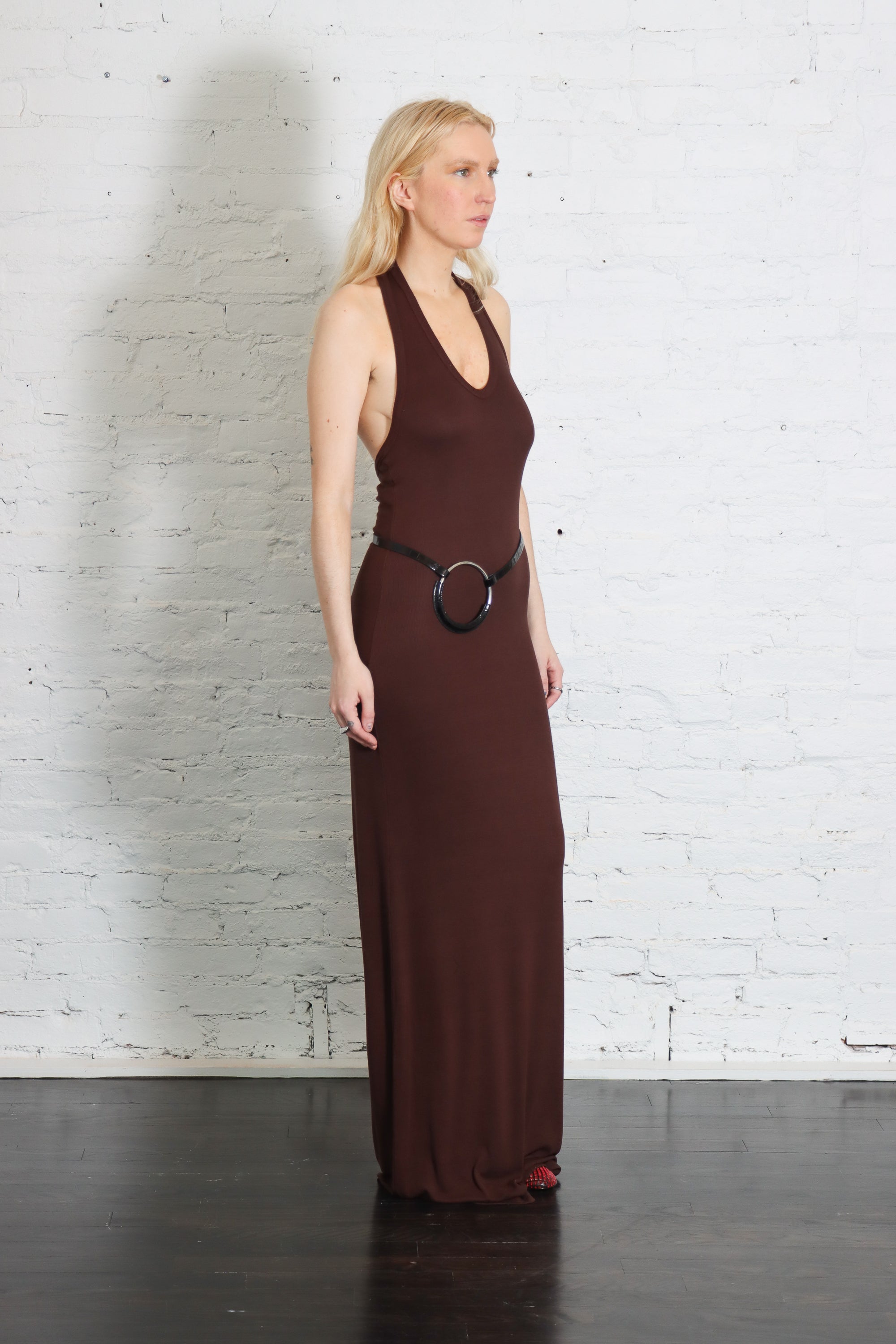 Silk Rib U-Neck Halter Fluid Maxi Dress in Chocolate by Enza Costa – Idlewild