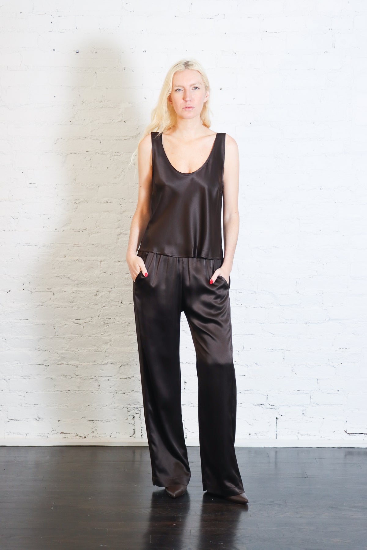 Silk Satin Everywhere Pant in Olive Bronze by Enza Costa-Enza Costa-Idlewild-Cincinnati