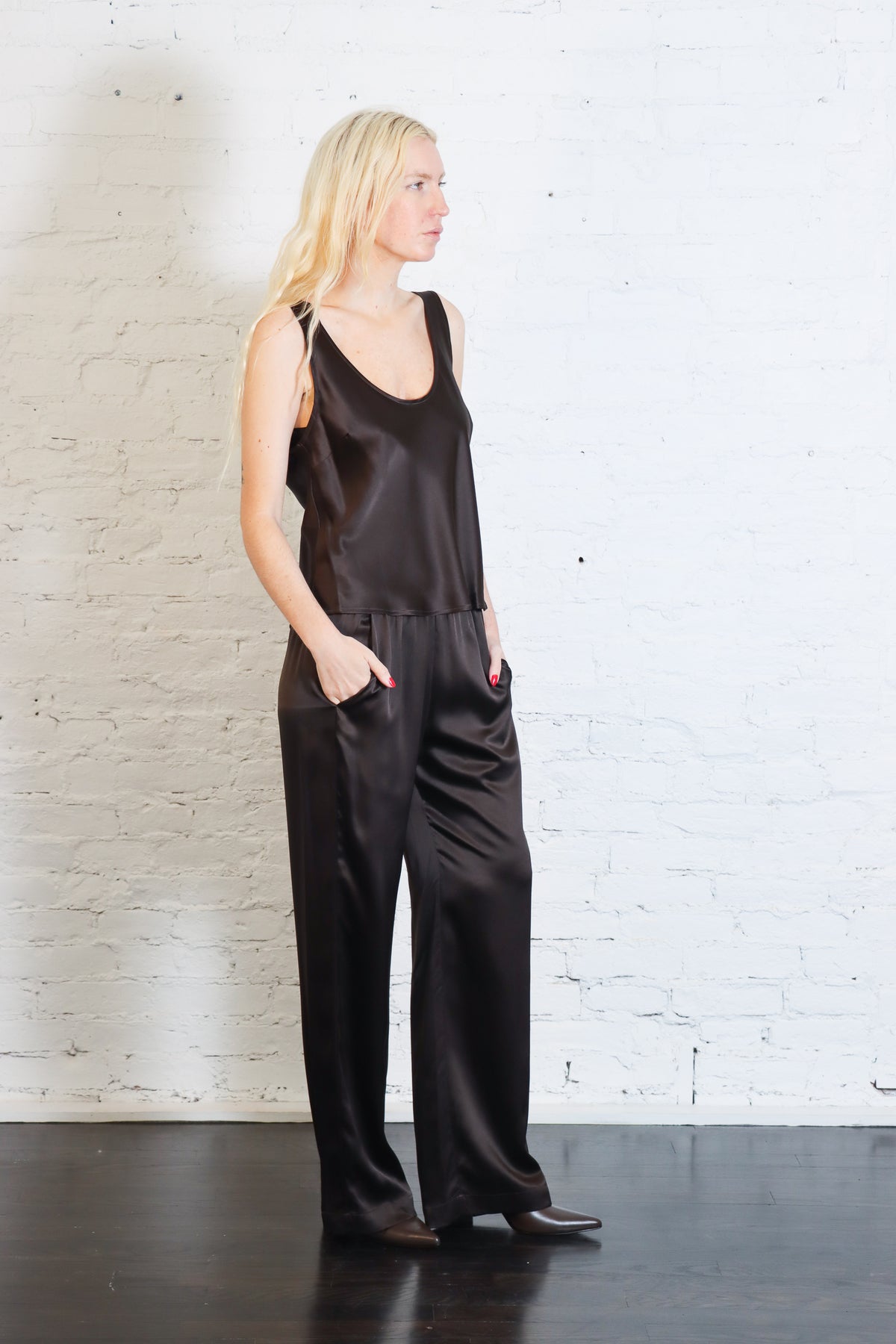Silk Satin Everywhere Pant in Olive Bronze by Enza Costa-Enza Costa-Idlewild-Cincinnati