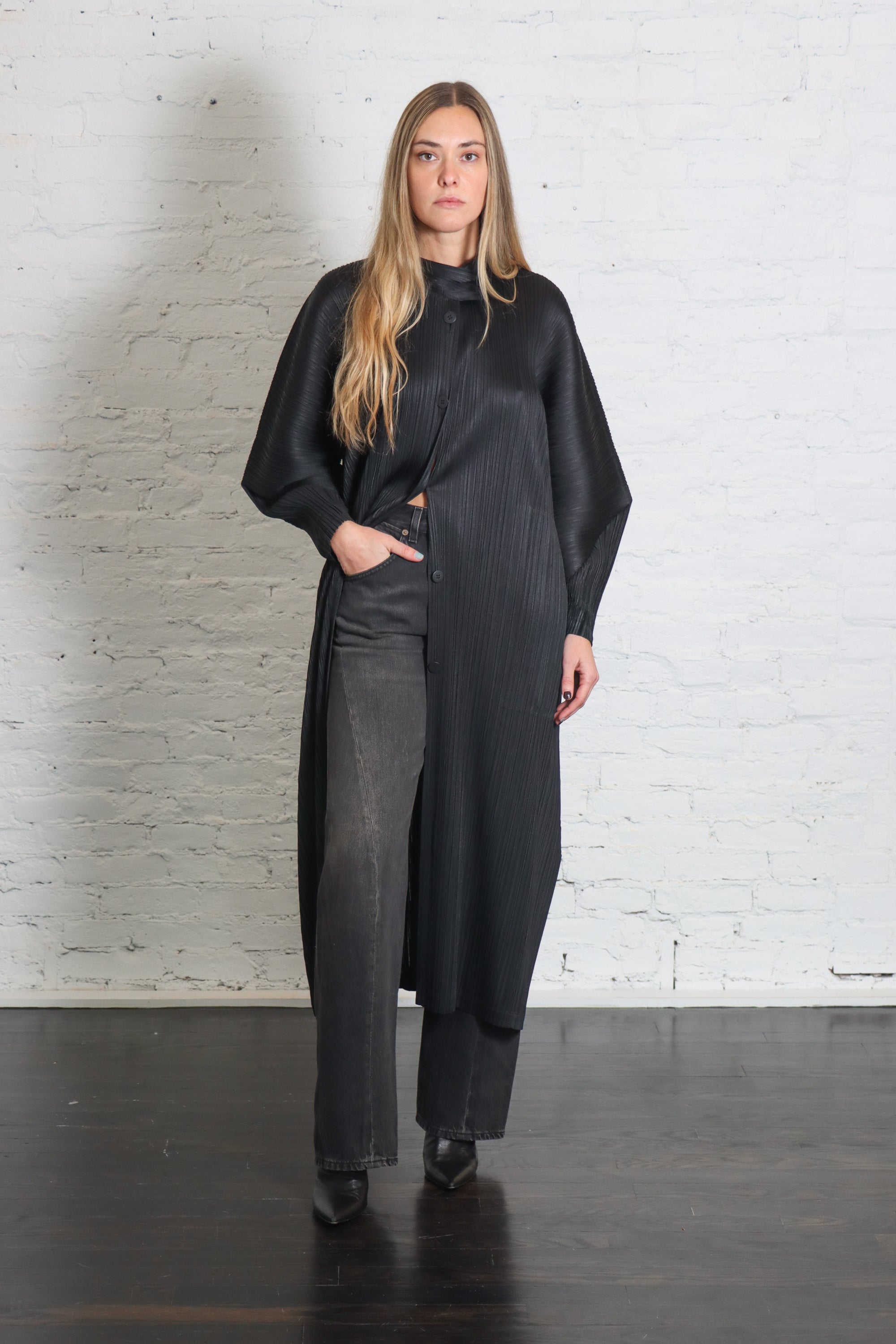 Skyline Coat in Black by Pleats Please Issey Miyake-Coats-Pleats Please Issey Miyake-Idlewild