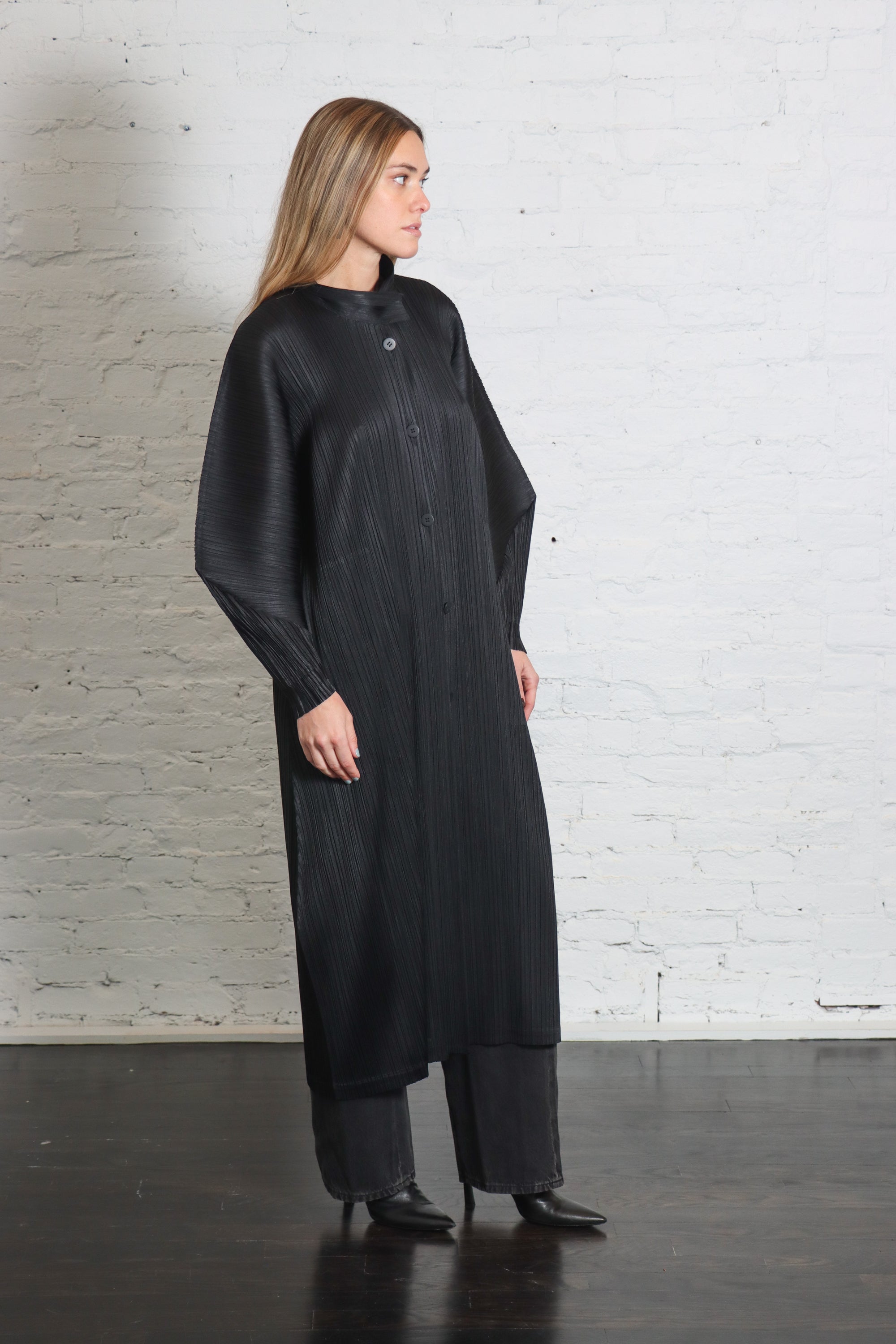 Skyline Coat in Black by Pleats Please Issey Miyake-Coats-Pleats Please Issey Miyake-Idlewild