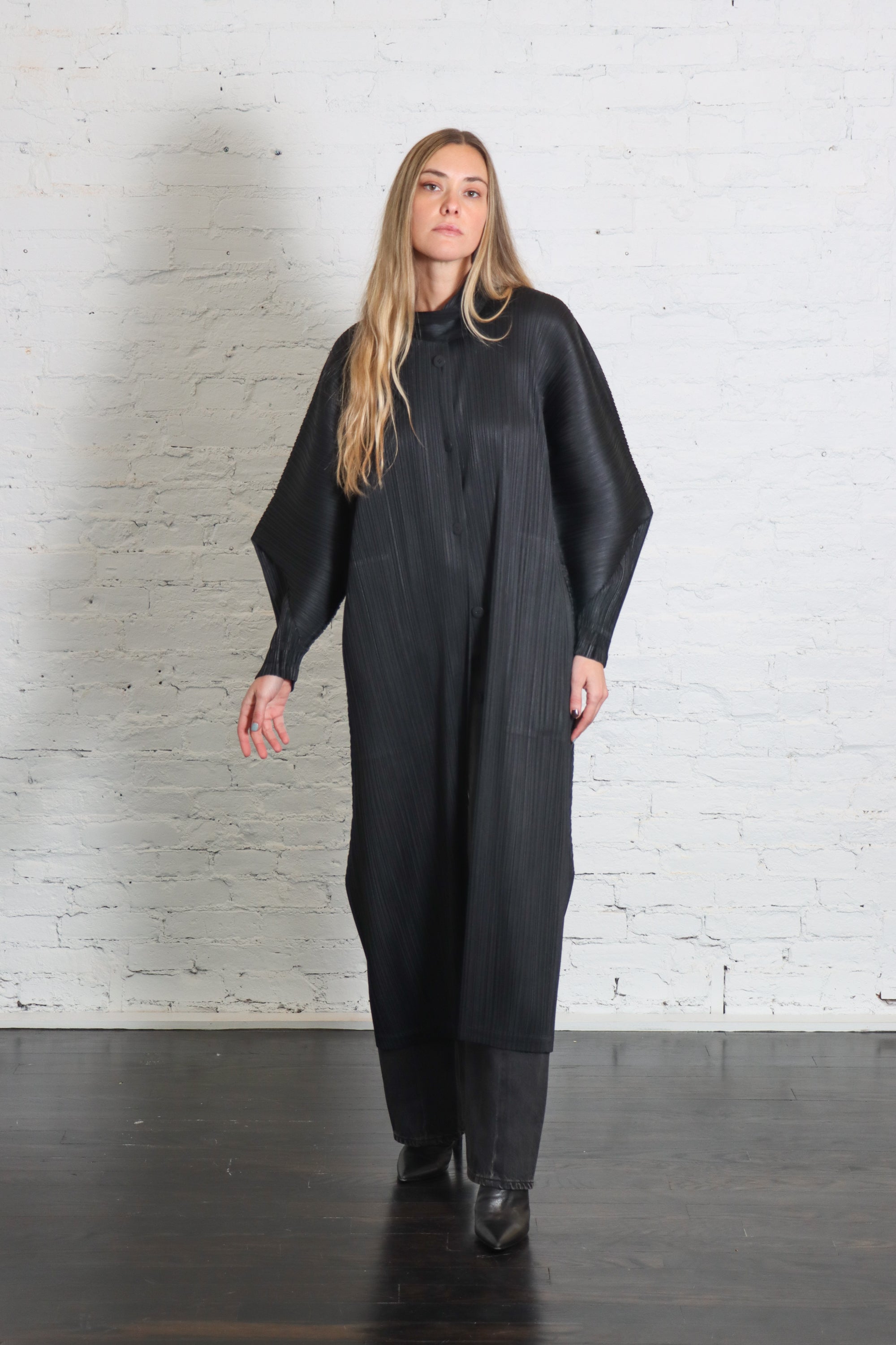 Skyline Coat in Black by Pleats Please Issey Miyake-Coats-Pleats Please Issey Miyake-Idlewild