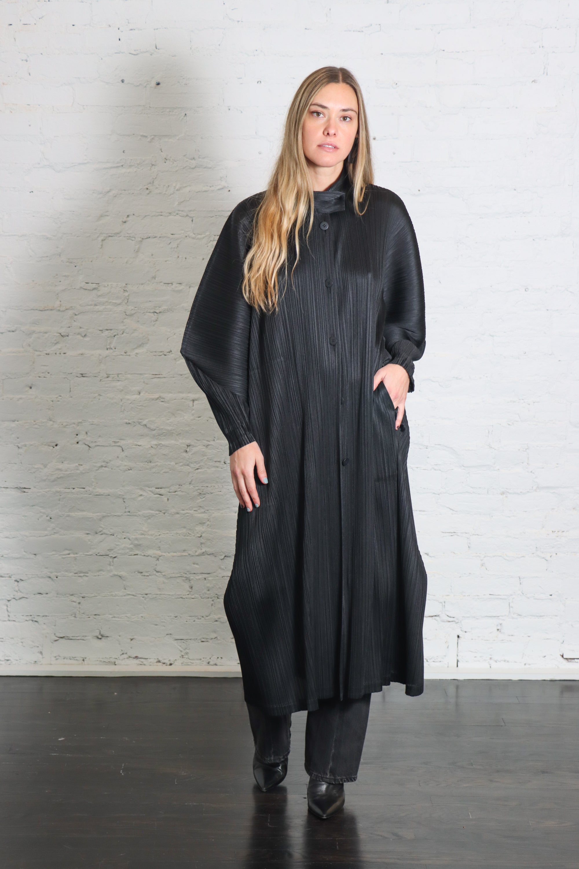 Skyline Coat in Black by Pleats Please Issey Miyake-Coats-Pleats Please Issey Miyake-Idlewild