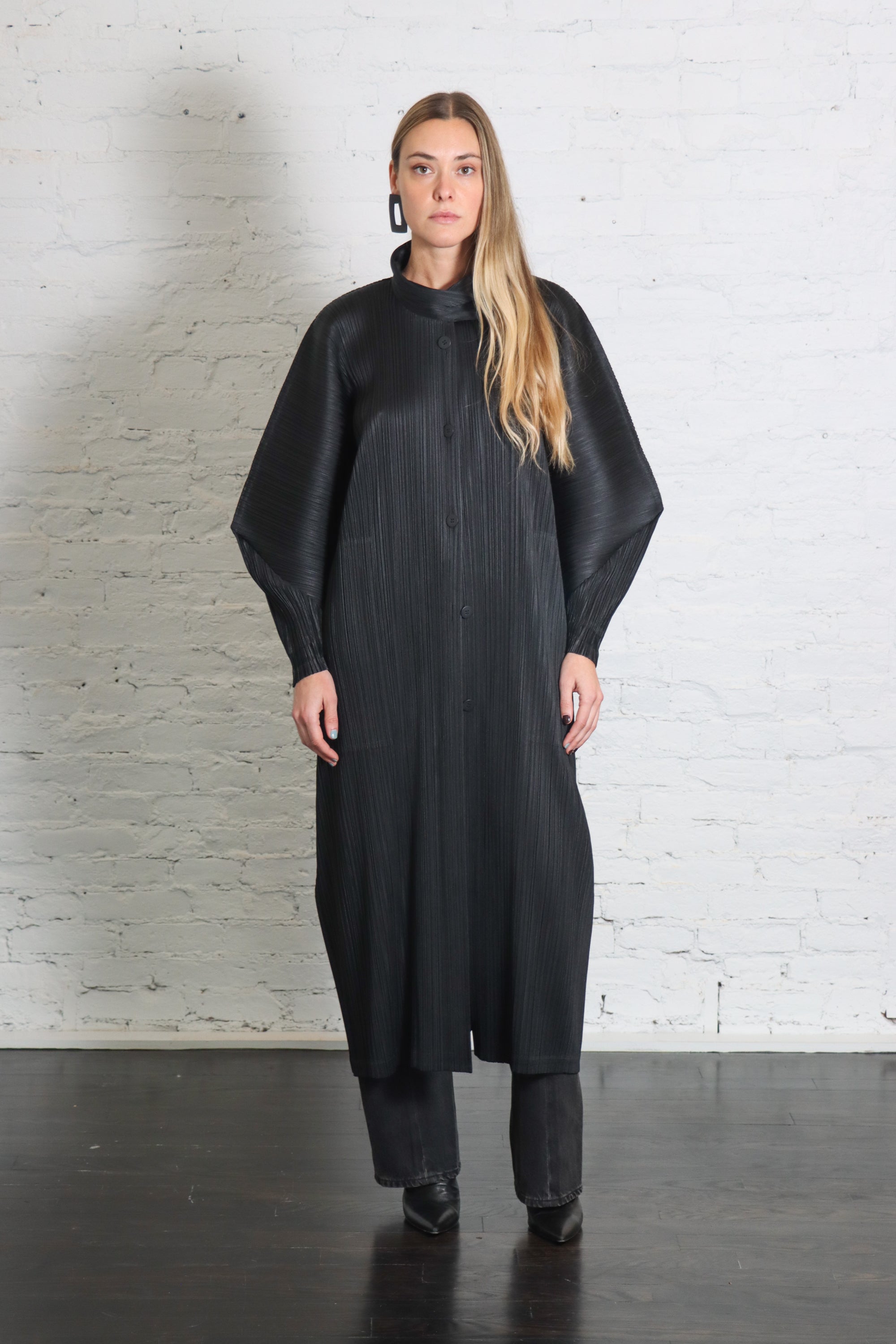 Skyline Coat in Black by Pleats Please Issey Miyake-Coats-Pleats Please Issey Miyake-Idlewild