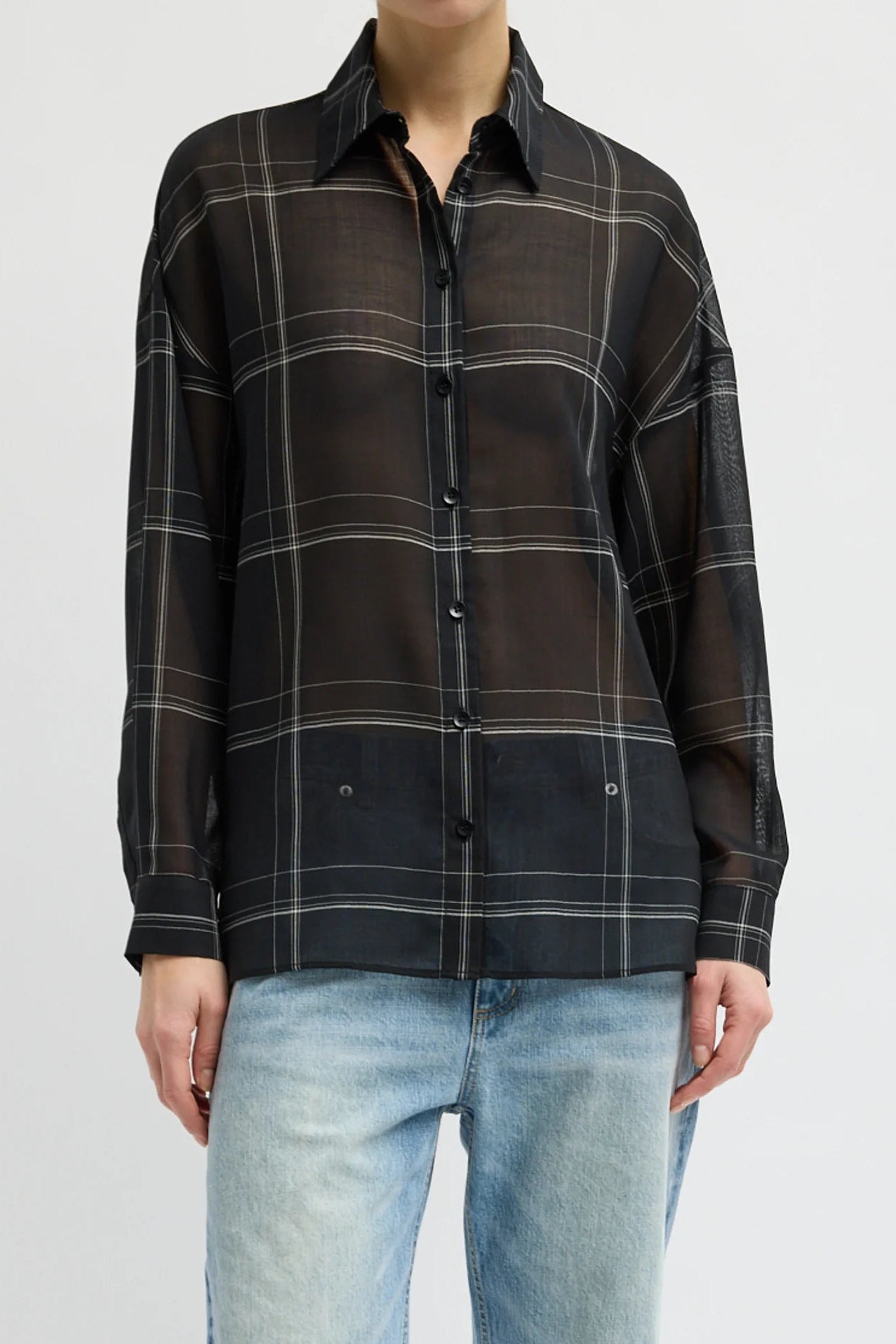 Sheer Wool Gauze Check Oversized Shirt in Black Multi by Tibi
