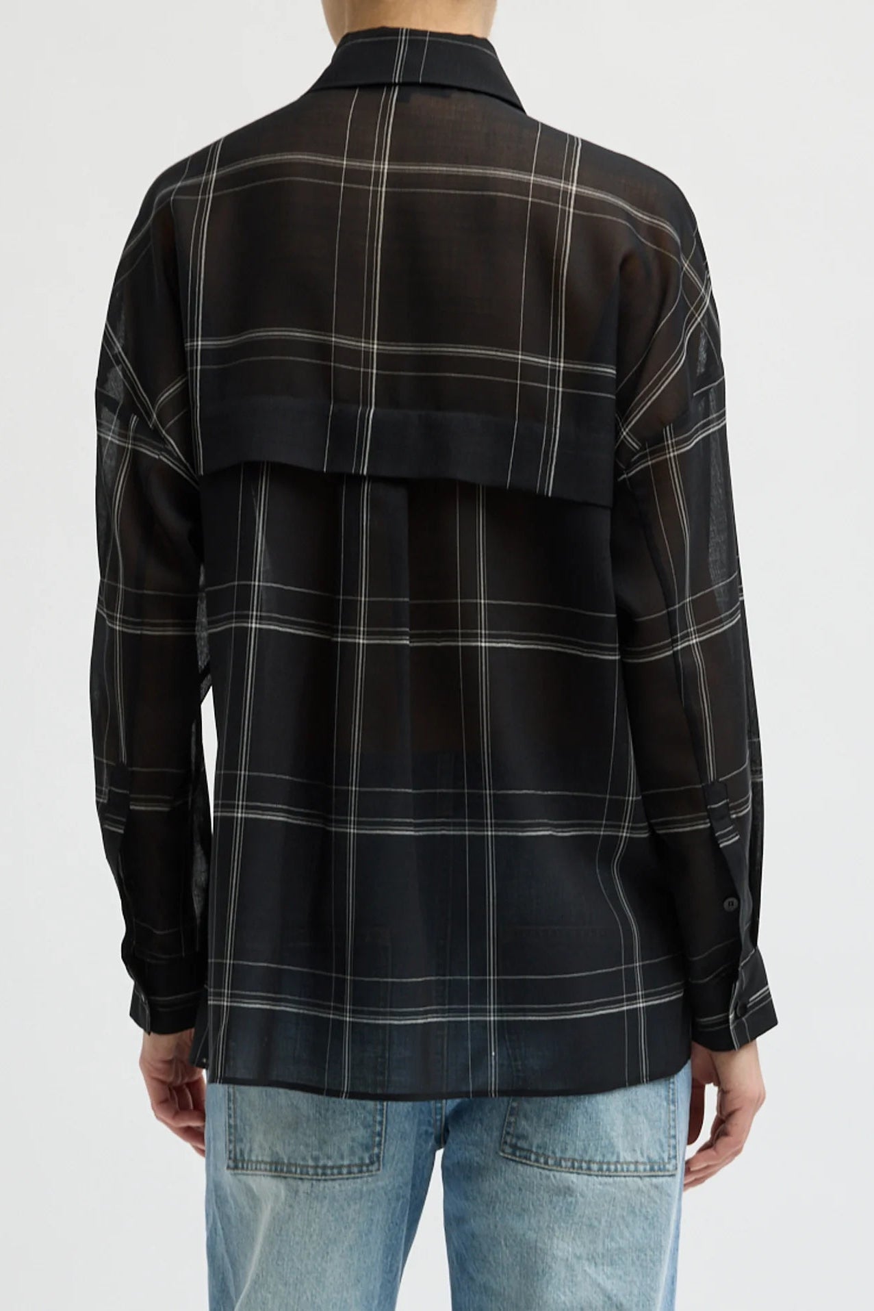 Sheer Wool Gauze Check Oversized Shirt in Black Multi by Tibi