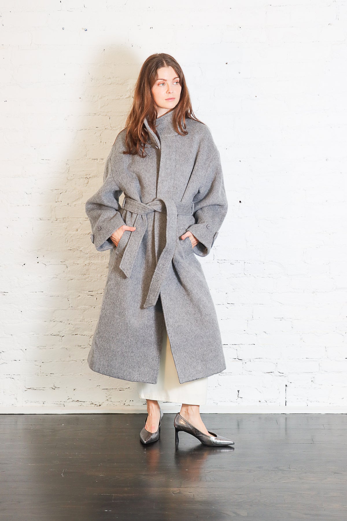 Tall Collar Long Wool Coat in Light Grey by 7115 by Szeki-7115 by Szeki-Idlewild-Cincinnati