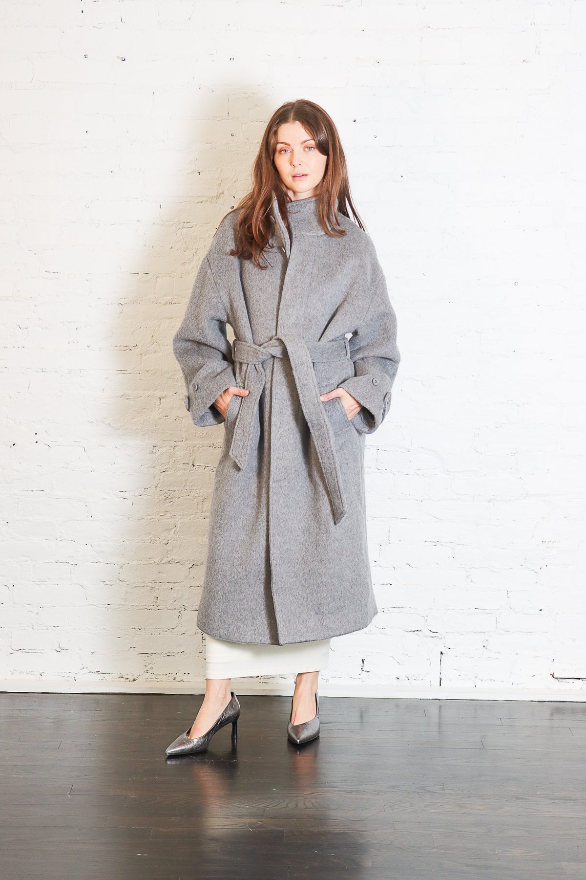 Tall Collar Long Wool Coat in Light Grey by 7115 by Szeki-7115 by Szeki-Idlewild-Cincinnati