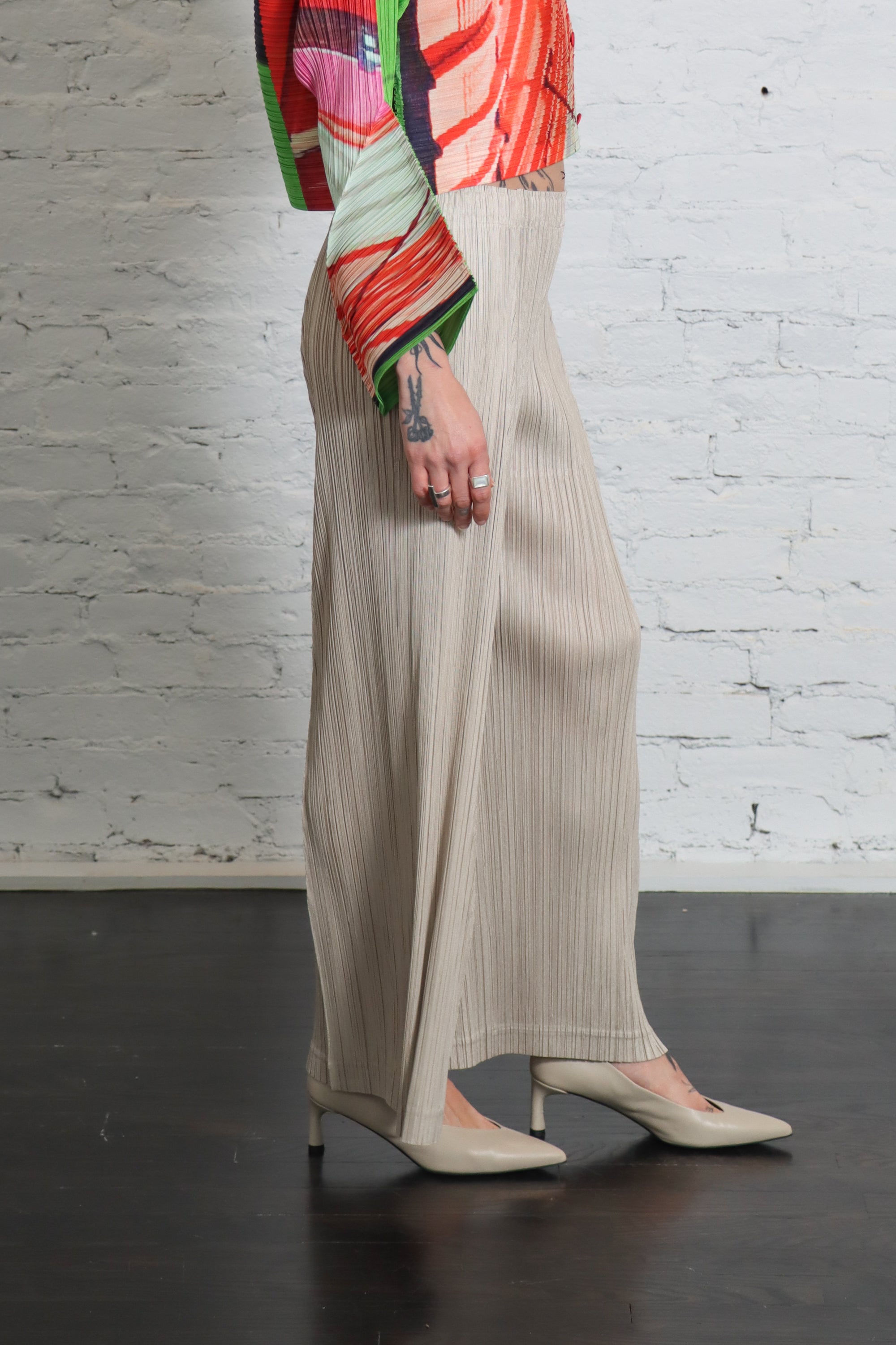 Thicker Bottoms 1 Pants in Greige by Pleats Please Issey Miyake